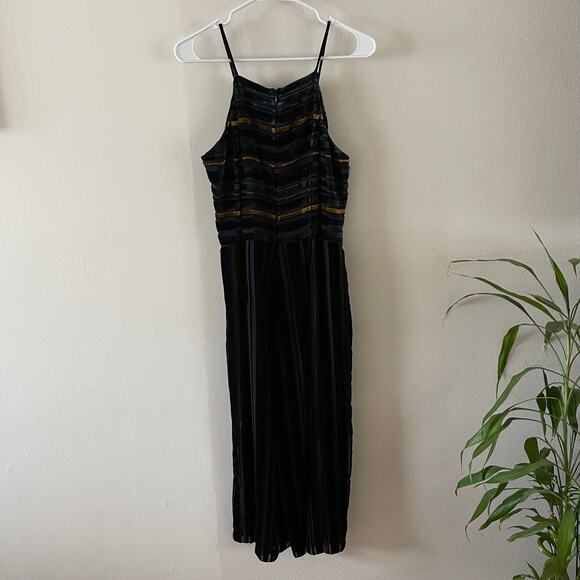 Forest Lily Velvet Burnout Jumpsuit Womens 6 Black Green Retro 70s Disco Classic - Picture 2 of 9